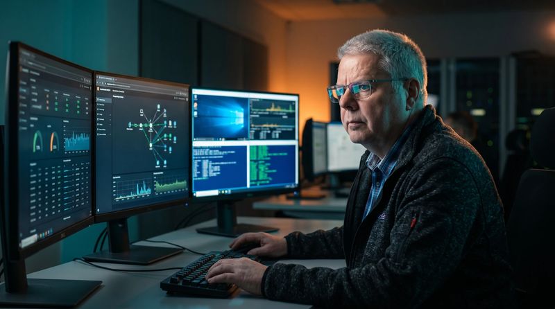 Ingo Franke am Arbeitsplatz mit mehreren Bildschirmen, auf denen Überwachungsdaten von betreuten Computern zu sehen sind